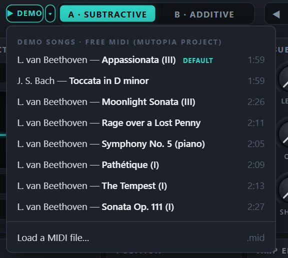 The ▾ menu: composer — short title and length (hover over an entry for the full title); the default demo is tagged DEFAULT; then “Load a MIDI file…”.