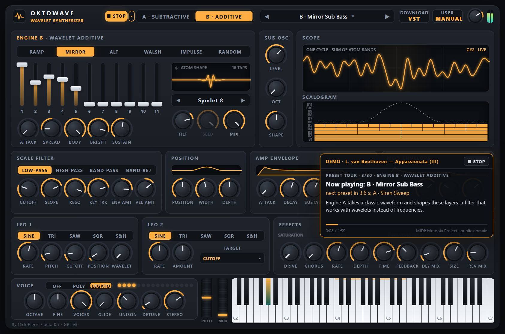 The default demo about 9 seconds in: the tour has reached its third preset, “B · Mirror Sub Bass” (hence “3/30”). The window counts down to the next preset and shows the third welcome sentence (later presets get a summary of the sound); the scope runs live and the keys of the playing notes light up.