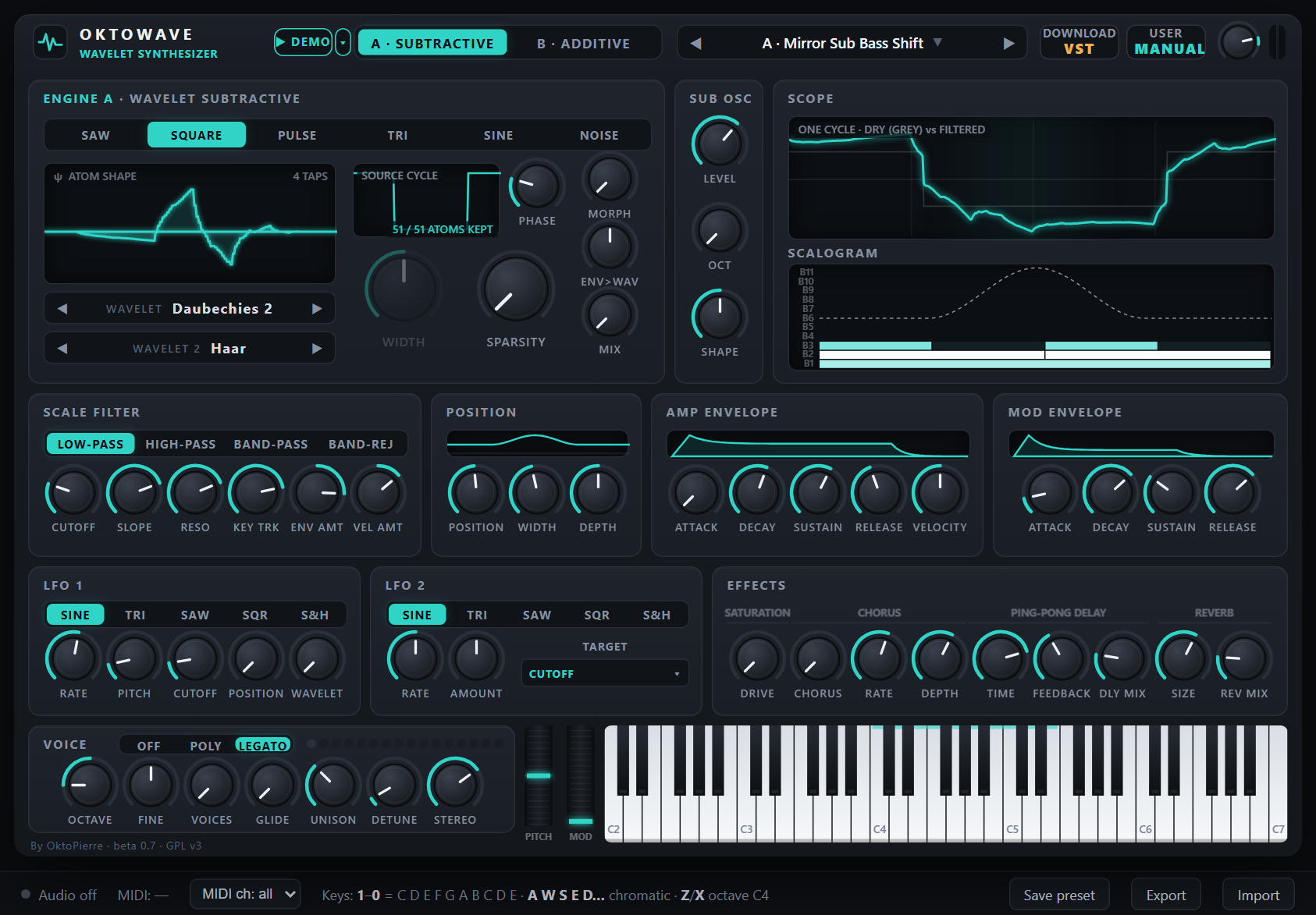 The whole instrument in engine A mode, showing the A · Mirror Sub Bass Shift preset