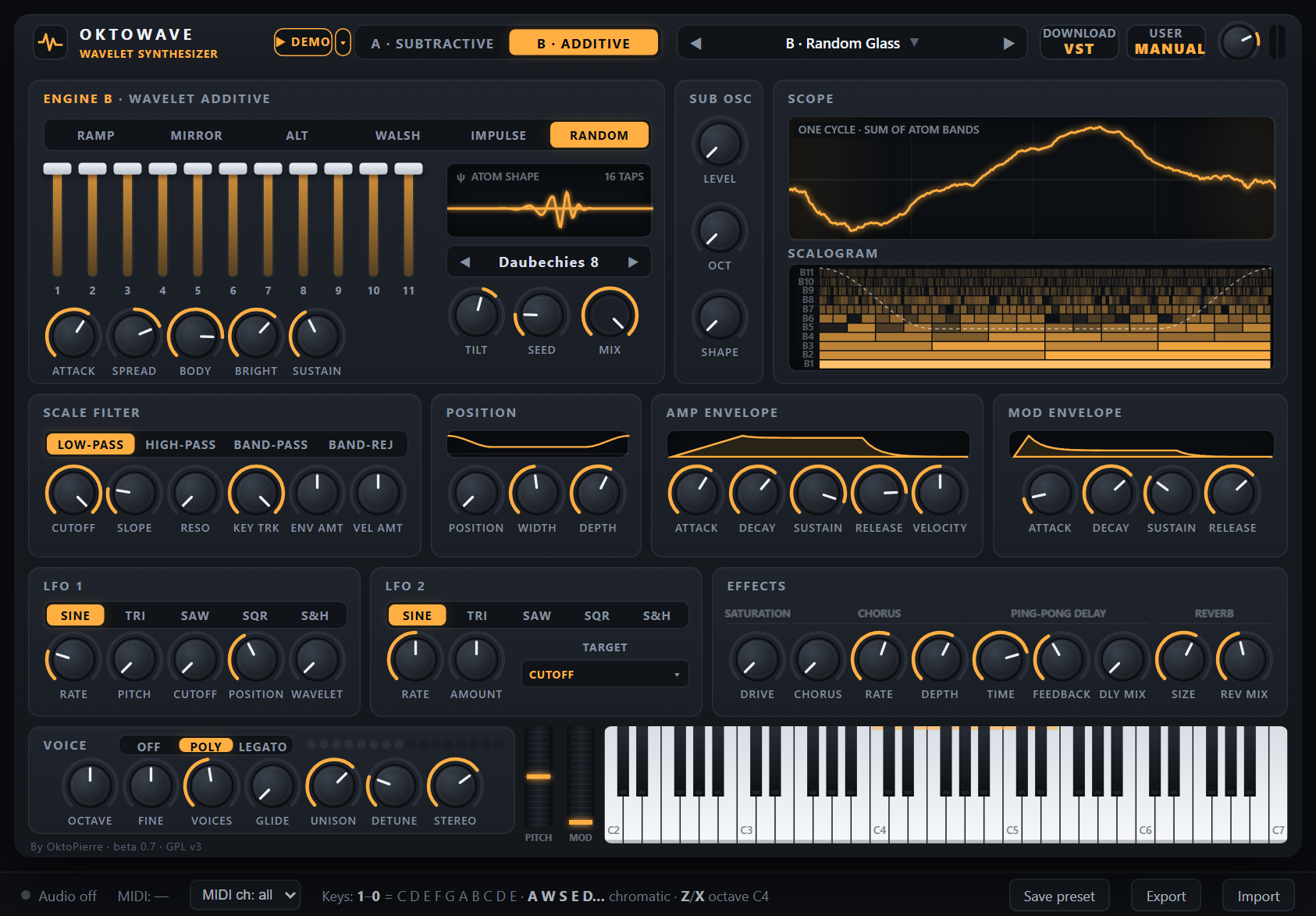 The whole instrument in engine B mode, showing the B · Random Glass preset