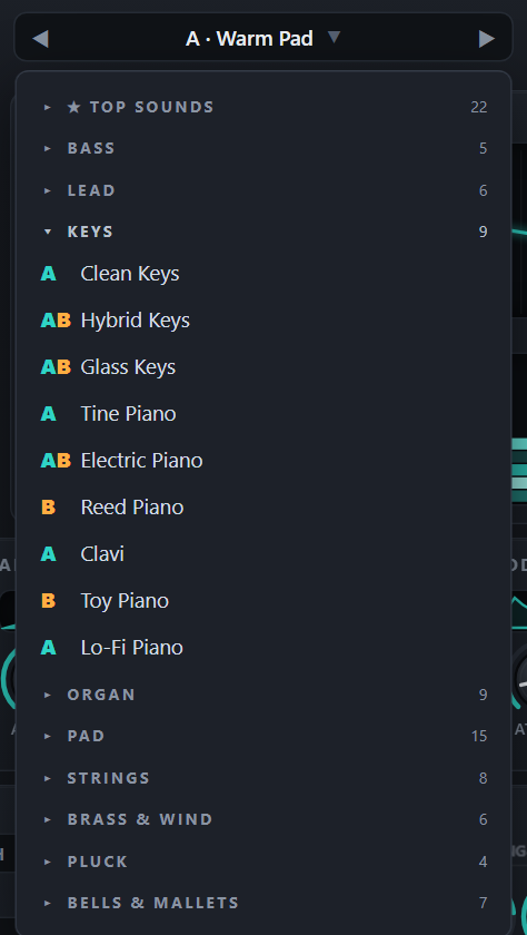 The factory preset list of the web app