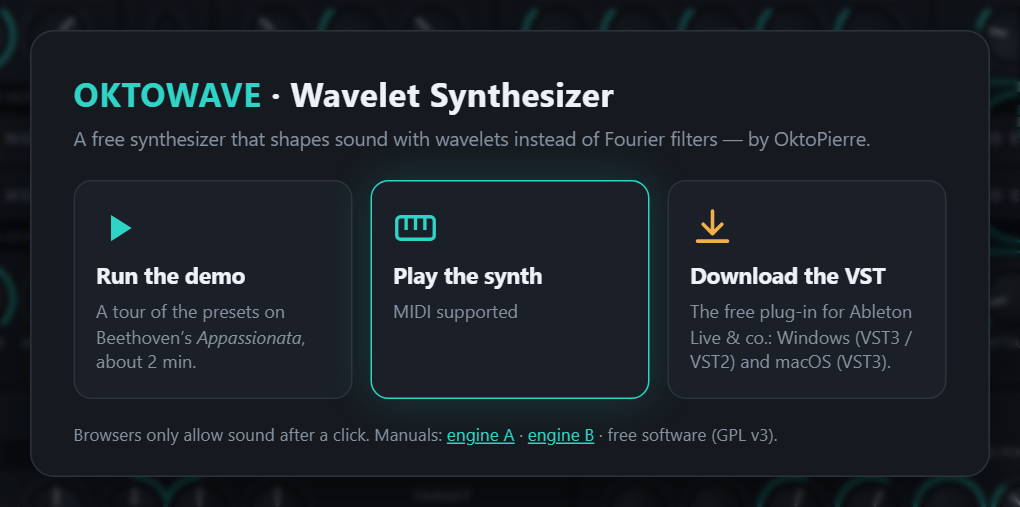 The welcome window of the web app (beta 0.6). Browsers only allow sound after a click, and each choice is that click: Run the demo starts the audio and the default demo, Play the synth starts the audio and closes the window, Download the VST opens the plug-in’s release page in a new tab (the window stays). The links at the bottom open the two manuals. The VST3 plugin needs no such step.